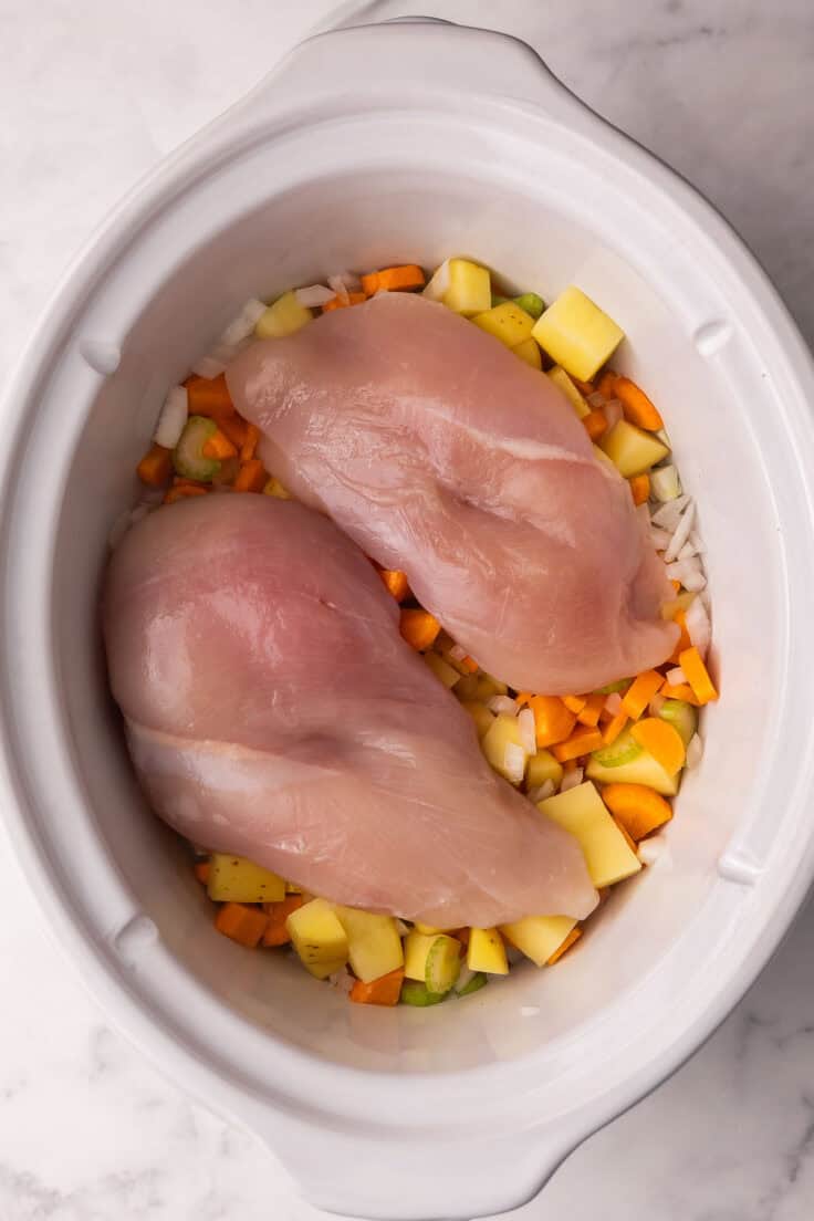 two chicken breast added on top of chopped vegetables in crockpot.