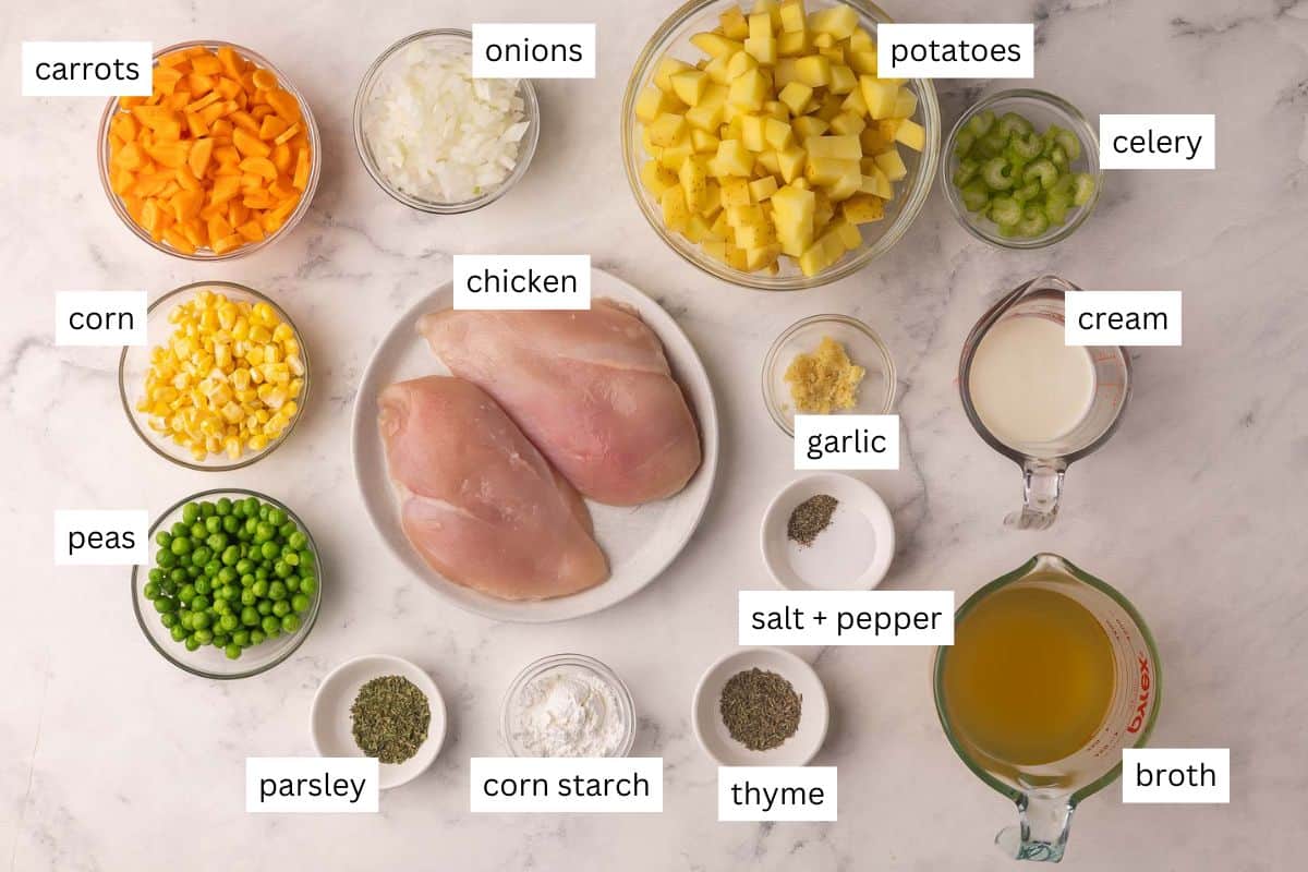 This Crockpot Chicken Pot Pie is loaded with tender chicken and vegetables in a creamy gravy and topped with golden pie crust rounds. A comforting slow cooker dinner with just 20 minutes of prep! #slowcooker #crockpot #dinner #recipe | slow cooker recipes | crockpot meals | slow cooker dinner | chicken recipes | chicken dinners | chicken breast | comfort food | dinner ideas ingredients needed for crockpot chicken pot pie in bowls and plate.