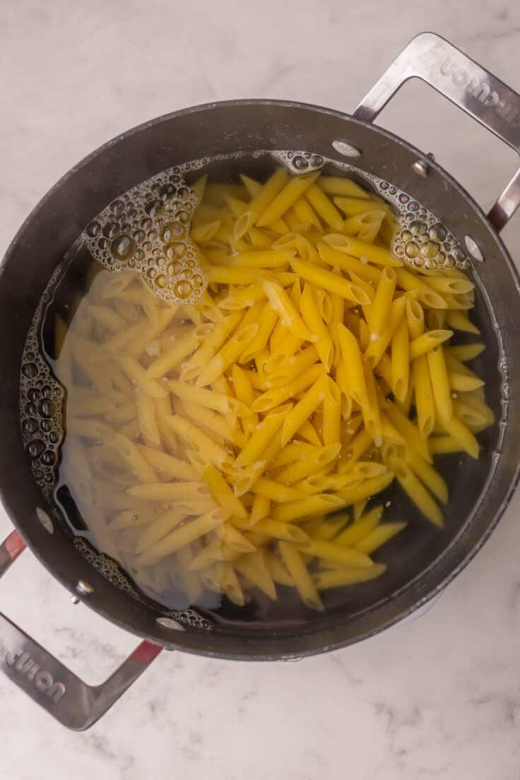 pasta added to large pot of hot water.