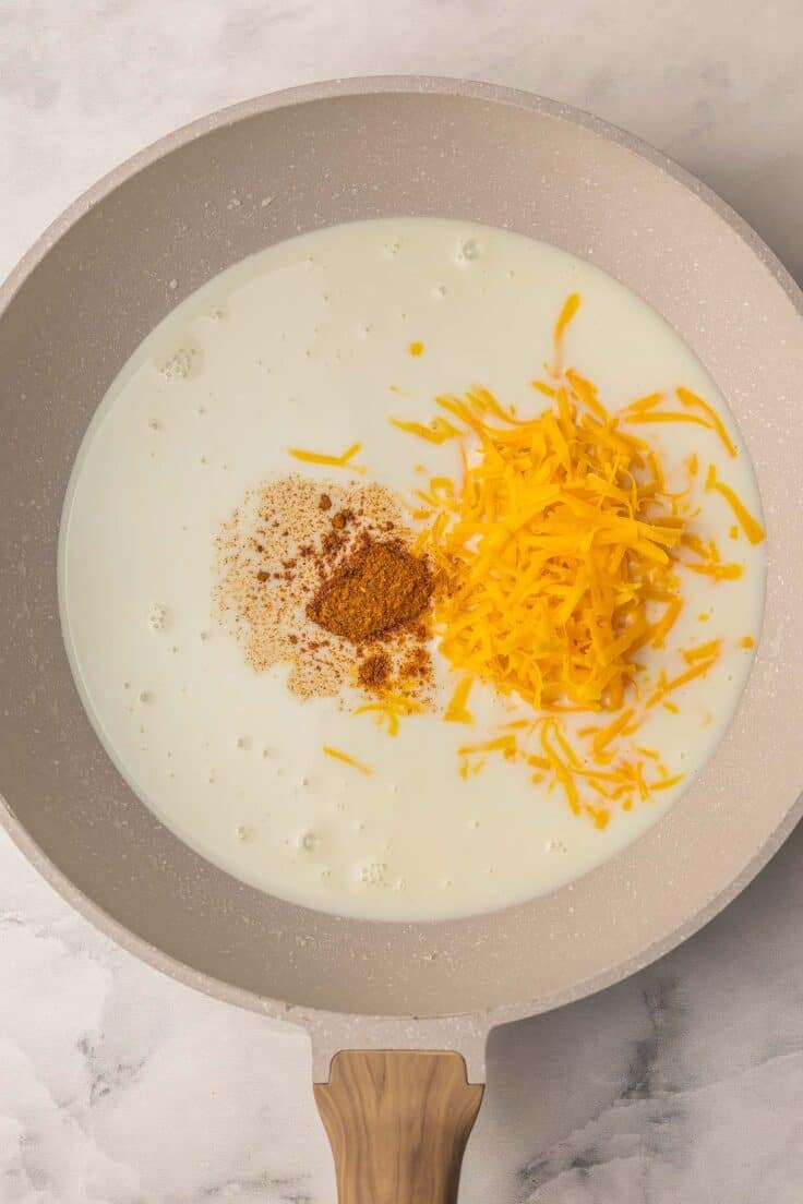 cheese and seasonings added to milk for queso sauce.