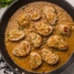 square overhead image of pork medallions in onion gravy.