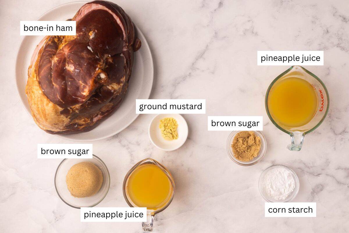 This Crockpot Ham with Pineapple Brown Sugar Glaze is tender, juicy, and incredibly simple. You only need 5 minutes of prep, while the slow cooker takes care of the rest for a flavorful main dish that fits holidays or weeknights! #slowcooker #crockpot #dinner #recipe | easy dinner recipes | dinner ideas | ham recipe | christmas dinner | easter dinner | ham recipe | spiral ham ingredients needed for pineapple brown sugar crockpot ham in bowls and plate.