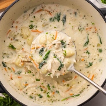 a steel ladle scooping chicken gnocchi soup out of pot.