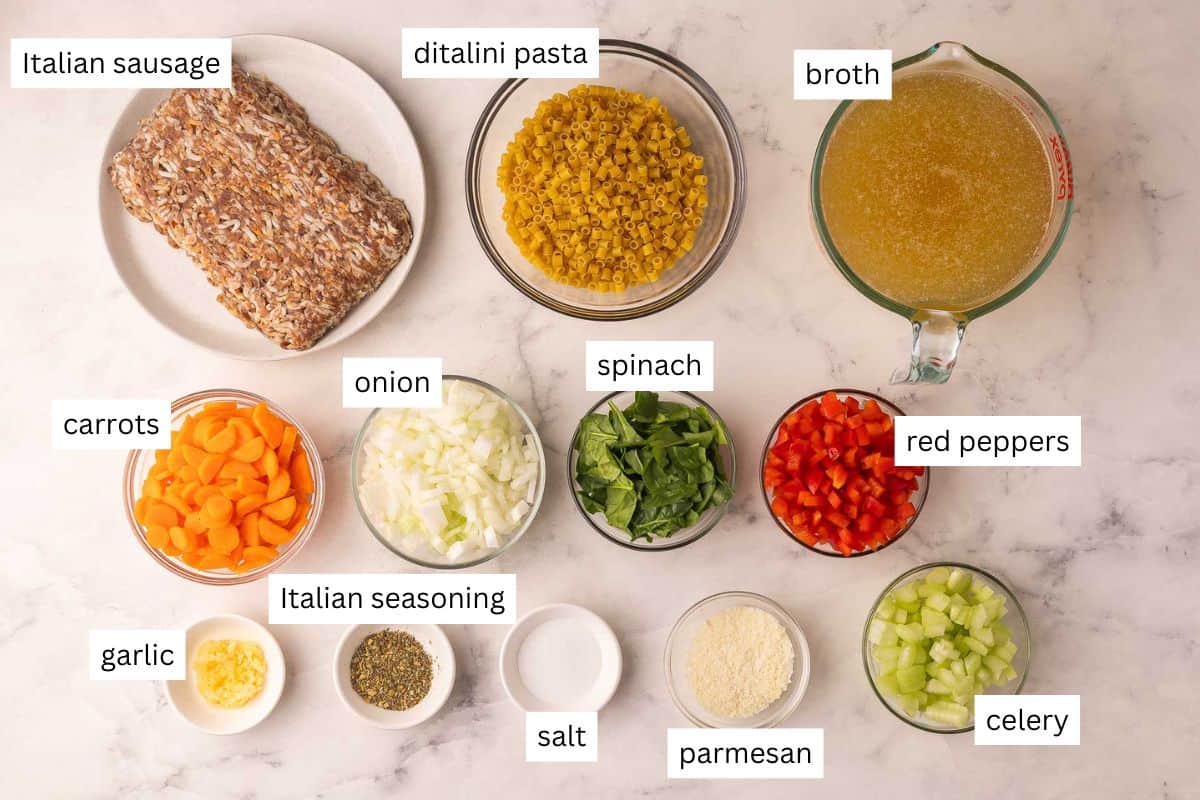 ingredients needed for italian sausage soup in bowls and plate.