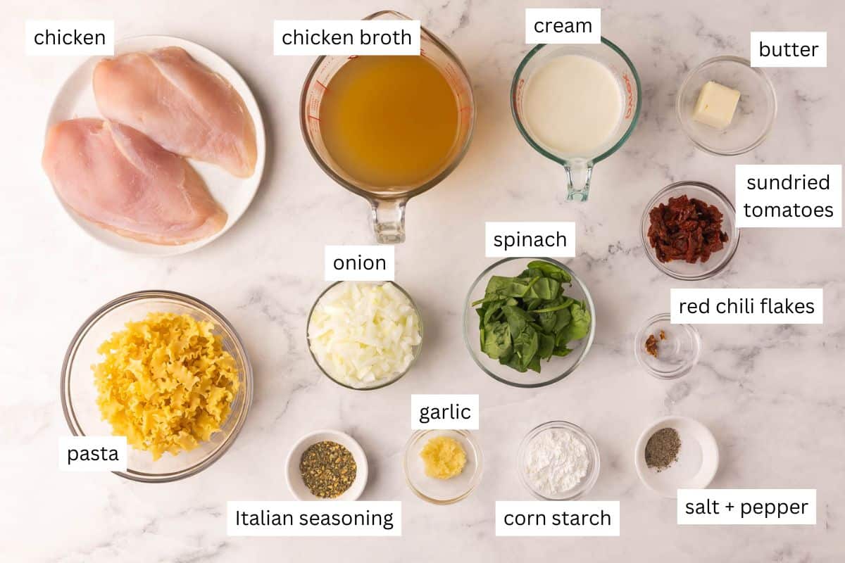 ingredients needed for white lasagna soup with labels.