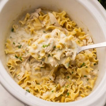 a scoop of chicken and noodles being scooped out of crockpot.
