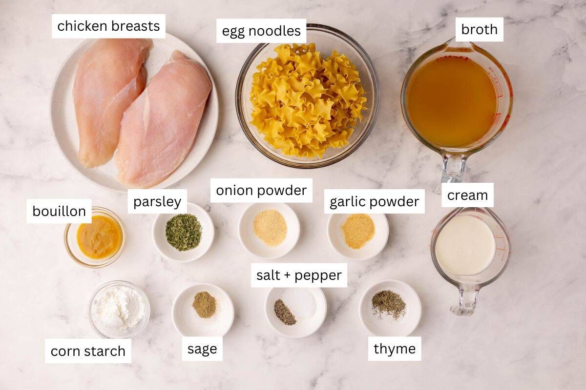 Crockpot Chicken and Noodles is a creamy, cozy slow cooker dinner with tender shredded chicken breast and egg noodles, made from scratch with no canned soup! #chicken #crockpot #dinner #recipe | dinner recipes | crockpot meals | slow cooker recipes | chicken breast recipes | comfort food | easy recipes | the recipe rebel ingredients needed for crockpot chicken and noodles in bowls and plate.