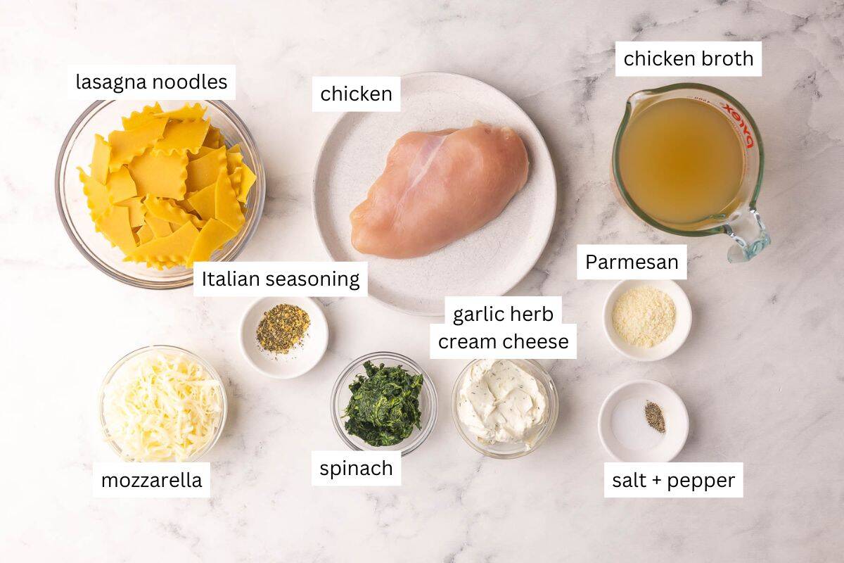 Crockpot White Chicken Lasagna is a creamy, cheesy slow cooker dinner with chicken, spinach and lasagna noodles all bubbling away in one pot! #dinner #recipe #slowcooker | slow cooker meals | crockpot recipes | chicken dinner | chicken breast | slow cooker meals | white lasagna ingredients needed for crockpot white chicken lasagna in bowls and plate.