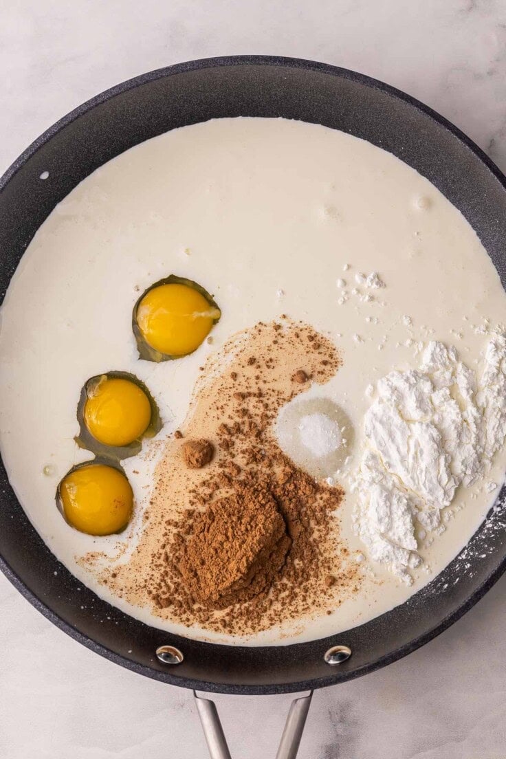 eggs and other ingredients added to black pan.