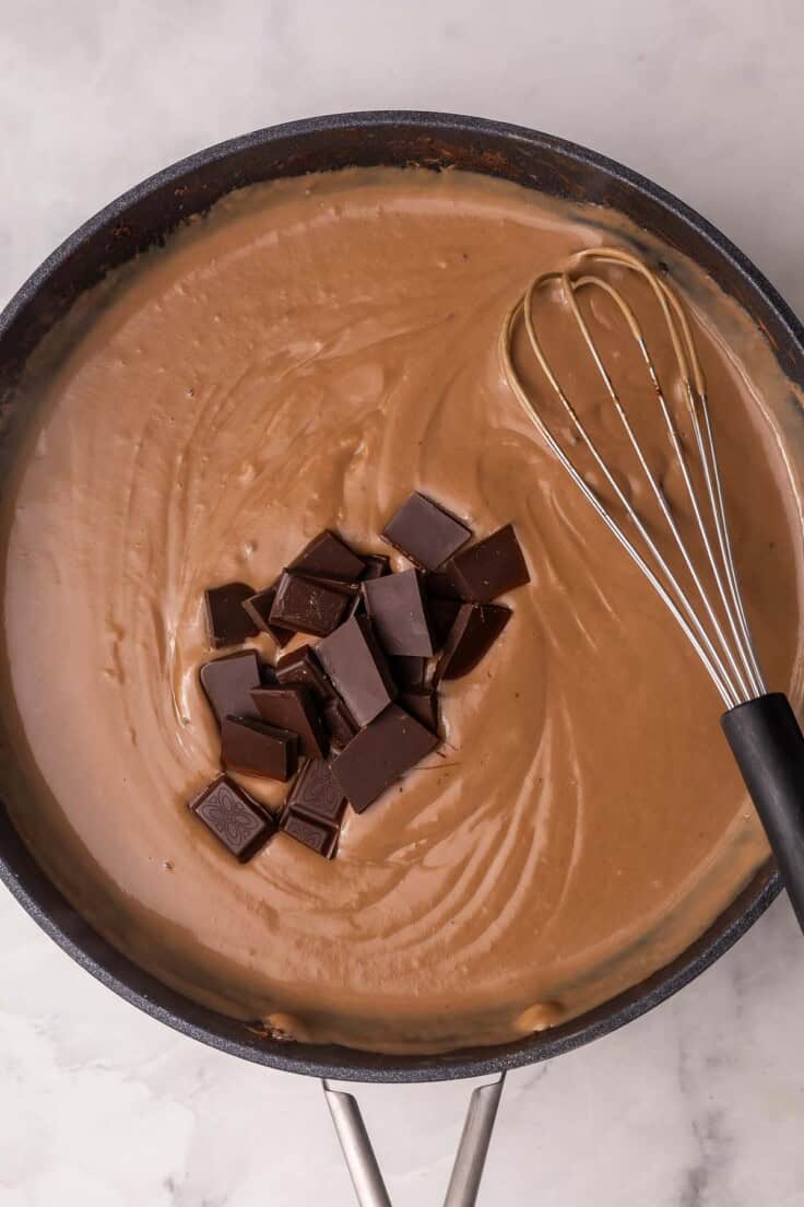 chocolate pieces added to chocolate filling in pan.