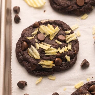 double chocolate potato chips cookies in pan.