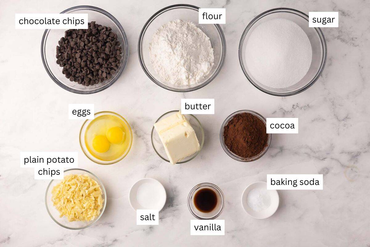 Double Chocolate Potato Chip Cookies are rich, fudgy chocolate cookies packed with chocolate chips and salty potato chips. No need to chill the dough, and they're ready in 25 minutes! #cookie #cookies #chocolate | chocolate cookies | sweet and salty | cookie recipes | baking recipes | easy dessert recipes | ingredients needed for double chocolate chip potato chip cookies in bowls.