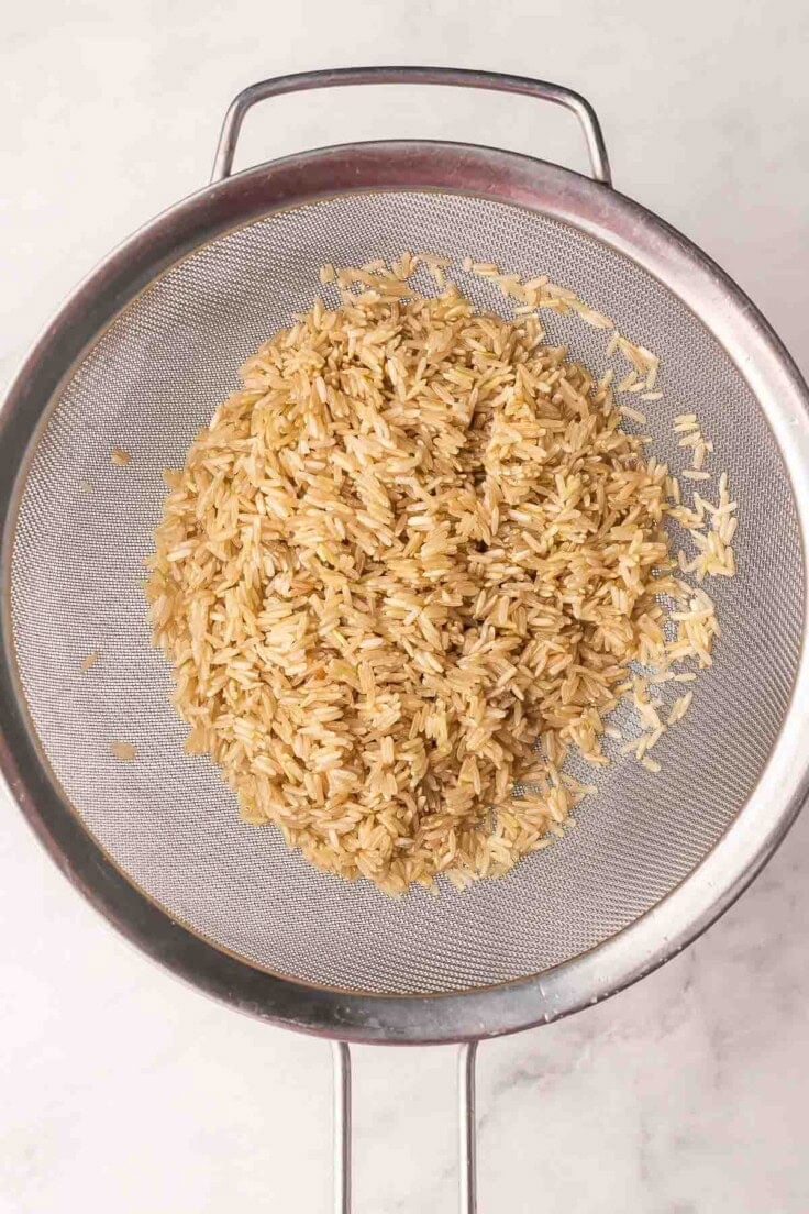 rinsed brown rice in a fine mesh sieve.