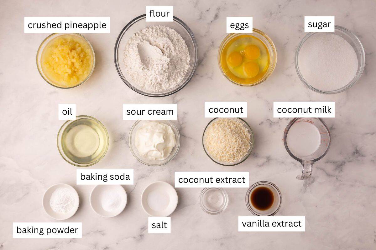 ingredients needed for pineapple coconut cake in bowls.