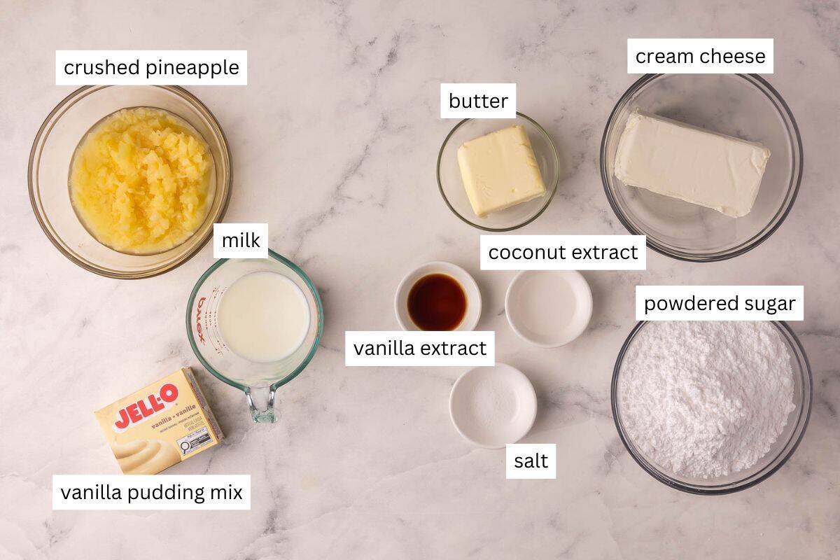 ingredients needed for pineapple coconut cake in bowls.