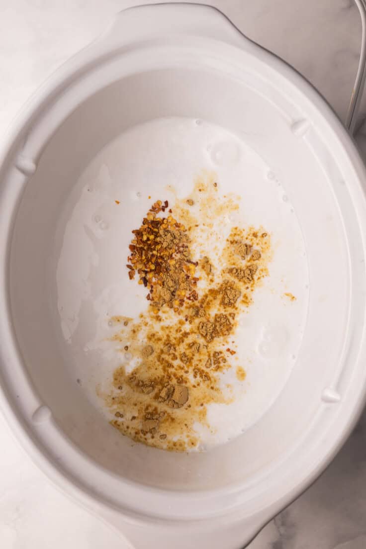 coconut milk and spices added to white slow cooker.