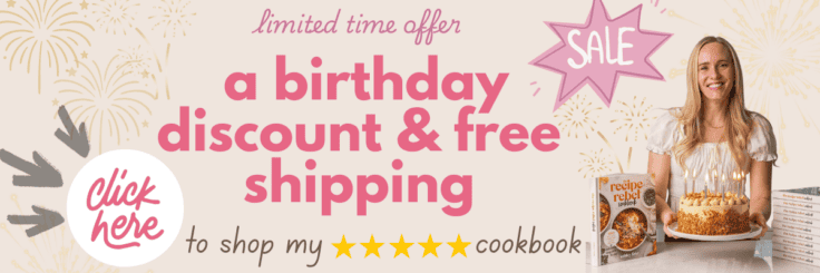 birthday cookbook discount ad with photo of ashley the recipe rebel.