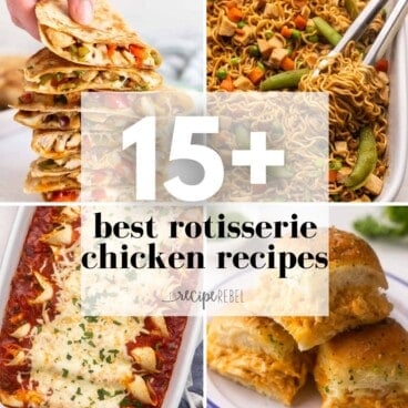 square collage of rotisserie chicken images with title overlay.