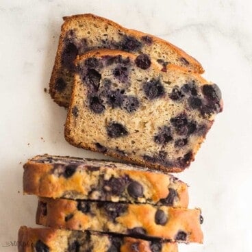 square image of two slices of blueberry banana bread.