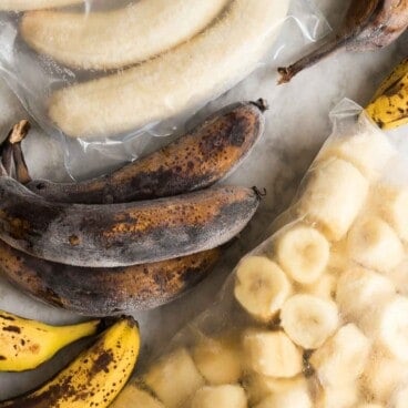 overhead image of frozen bananas three different ways.