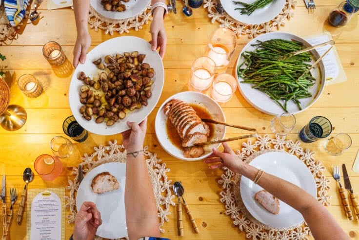 overhead image of a tablescape with butterball turkey products.