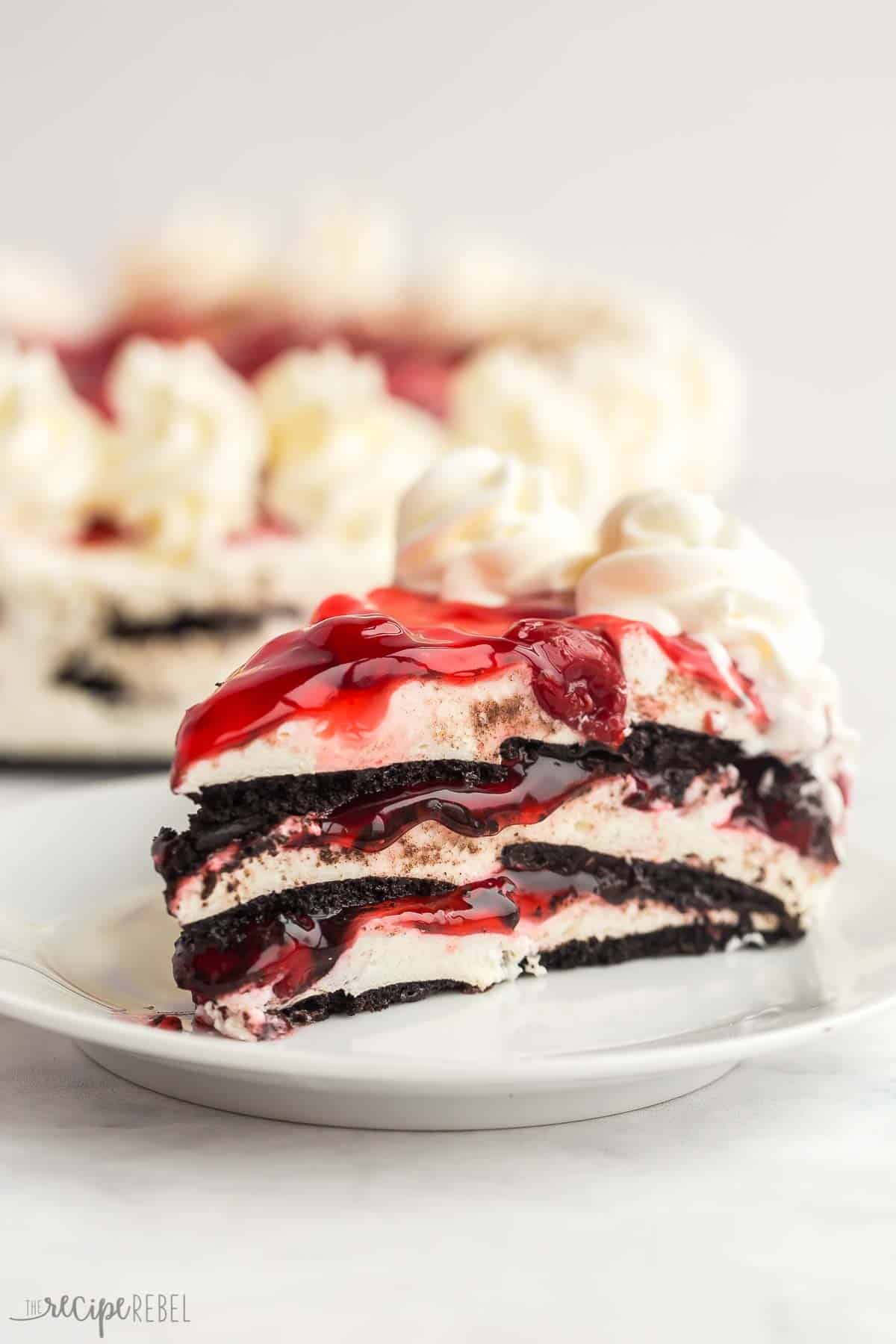 one piece of black forest icebox cake on a white plate.