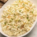 a dish of potato salad with chopped green onions on top.