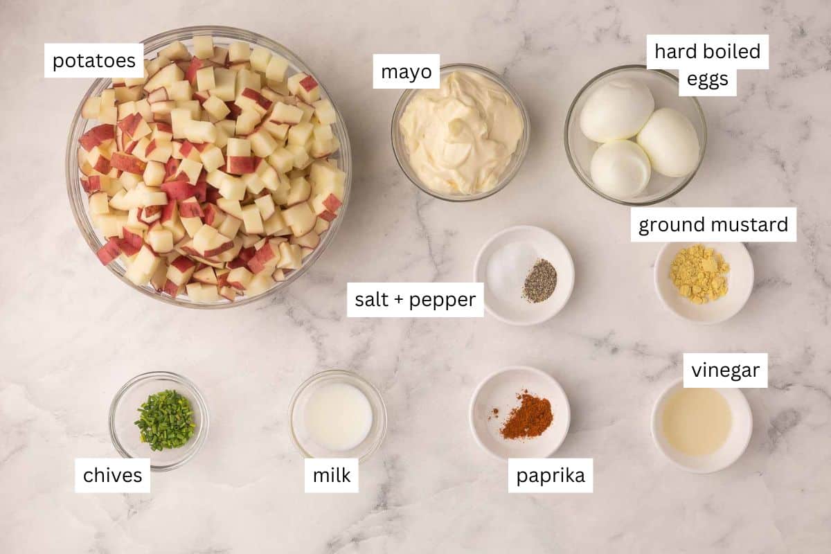 Easy Potato Salad is a classic recipe made with red potatoes, eggs, and a tangy, creamy dressing. It's a great side dish that's simple, easy to make ahead, and BBQ-ready! #salad #bbq #recipe #dinner | side dishes | summer side dish recipes | bbq sides | make ahead salad | salad recipes | potato recipes | easy recipes ingredients needed for classic potato salad on a marble background.